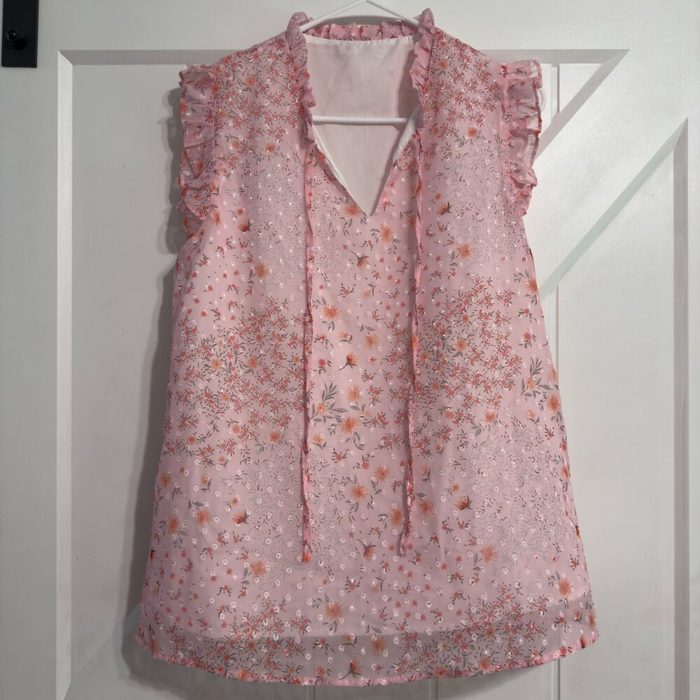 Women’s Pink Sleeveless Sheer Floral Ruffle Tie Neck Blouse Top Size Small - Picture 6 of 13